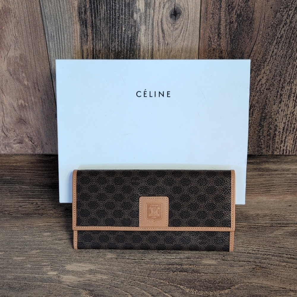 Celine Macadam Brown Coated Canvas Logo Long Italian Vintage Leather Wallet